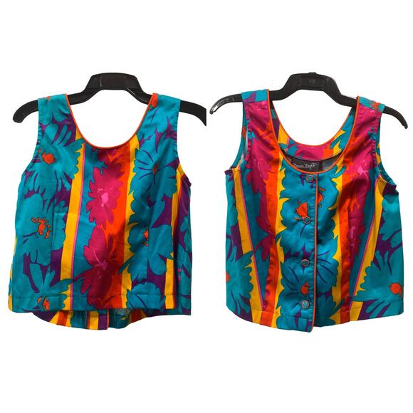 Vintage 80s Bright Floral Crop Top – Button Front Sleeveless Hawaiian Shirt - Picture 4 of 7